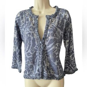 Chico’s Foiled Animal Frankie Fringe Linen Cardigan Women’s Size 0-S Metallic